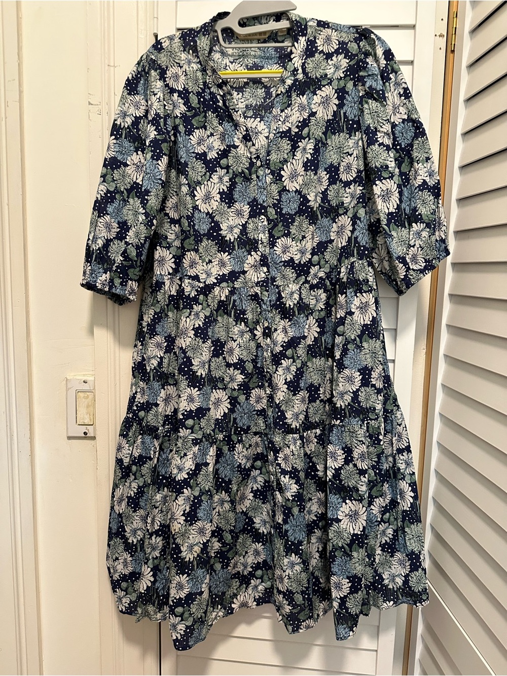 Floral Navy and White Cotton Blend Midi Dress